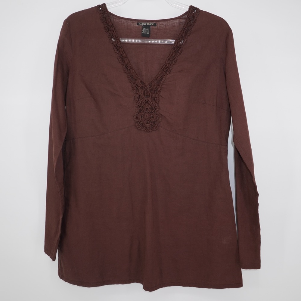 Lucky Brand Brown long-sleeved tunic crocheted v-neck Linen Blend L Fairy grunge
